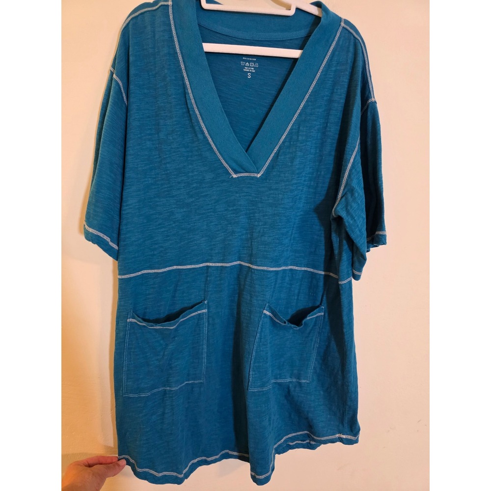 Natural Life Teal Blue Slub Cotton V-Neck Tunic Dress with Pockets Small